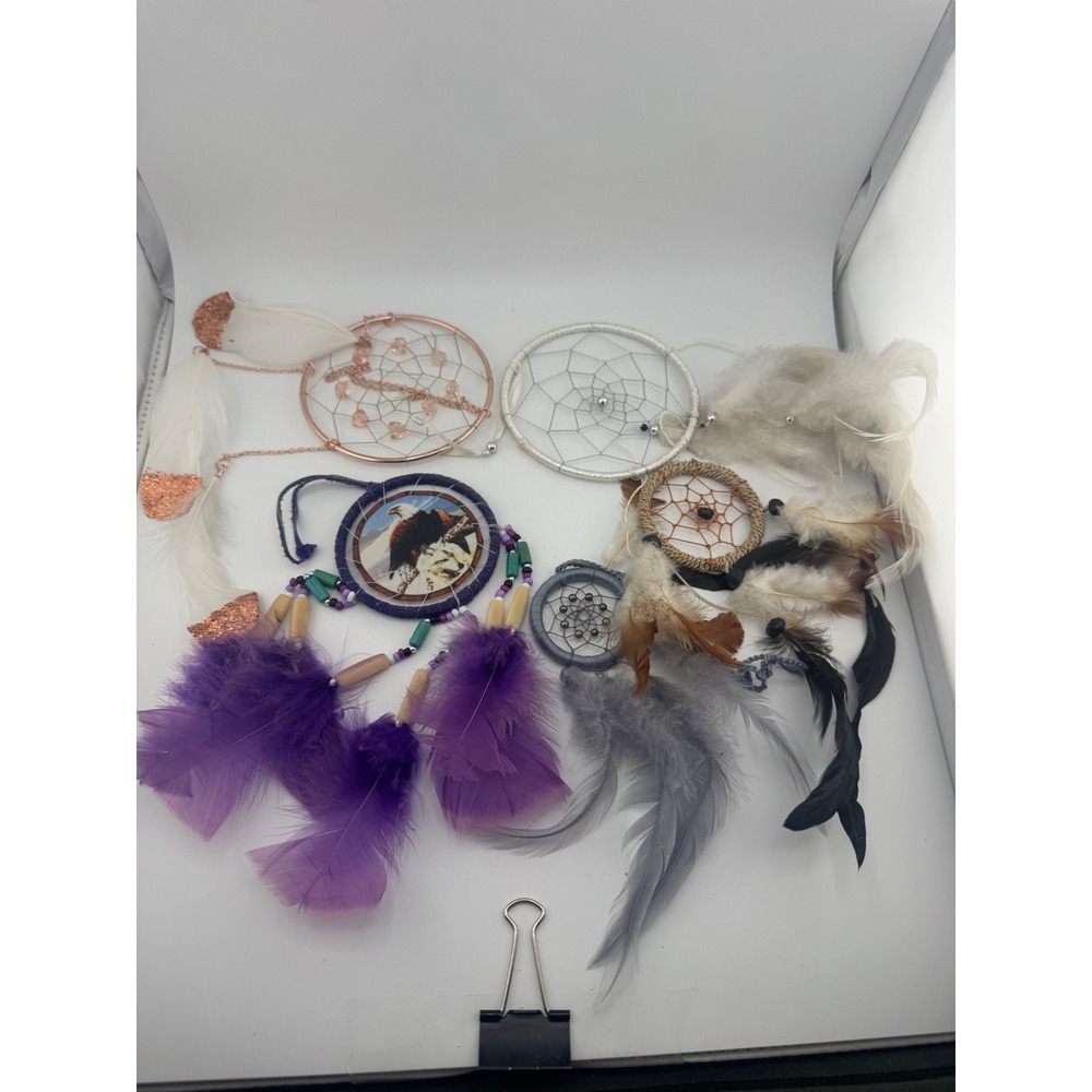 Vintage Dreamcatcher Lot 9pc Wolf Eagle Feathers Beads Boho Wall Decor Assorted